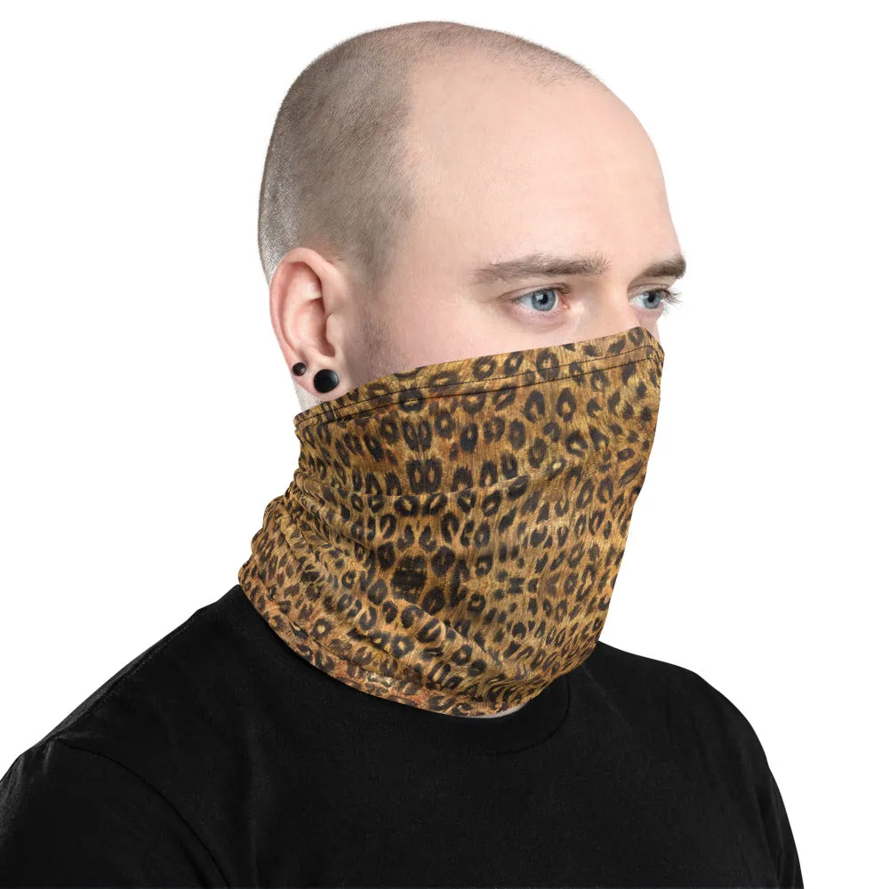 Brown Leopard Neck Gaiter, Animal Print Unisex Neck Warmers, Face Shield Cover, Bandana-Made in USA/EU