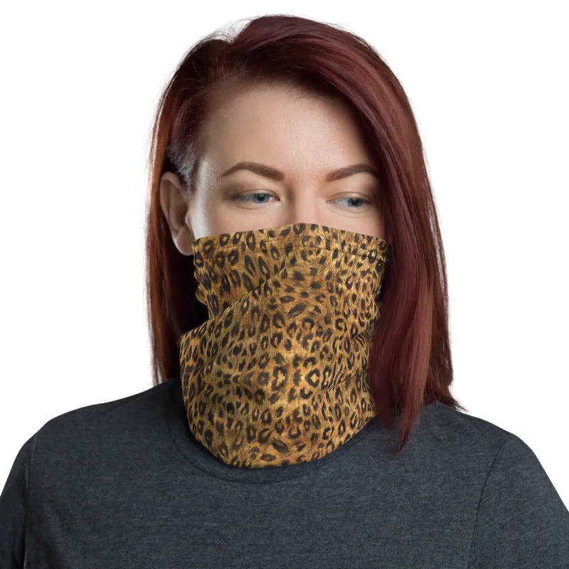 Brown Leopard Neck Gaiter, Animal Print Unisex Neck Warmers, Face Shield Cover, Bandana-Made in USA/EU