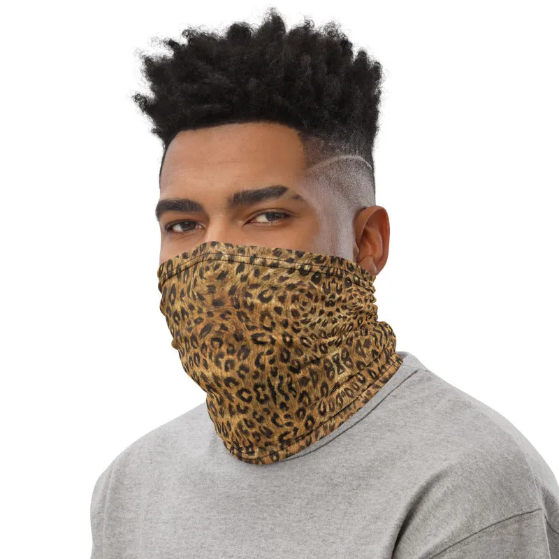 Brown Leopard Neck Gaiter, Animal Print Unisex Neck Warmers, Face Shield Cover, Bandana-Made in USA/EU