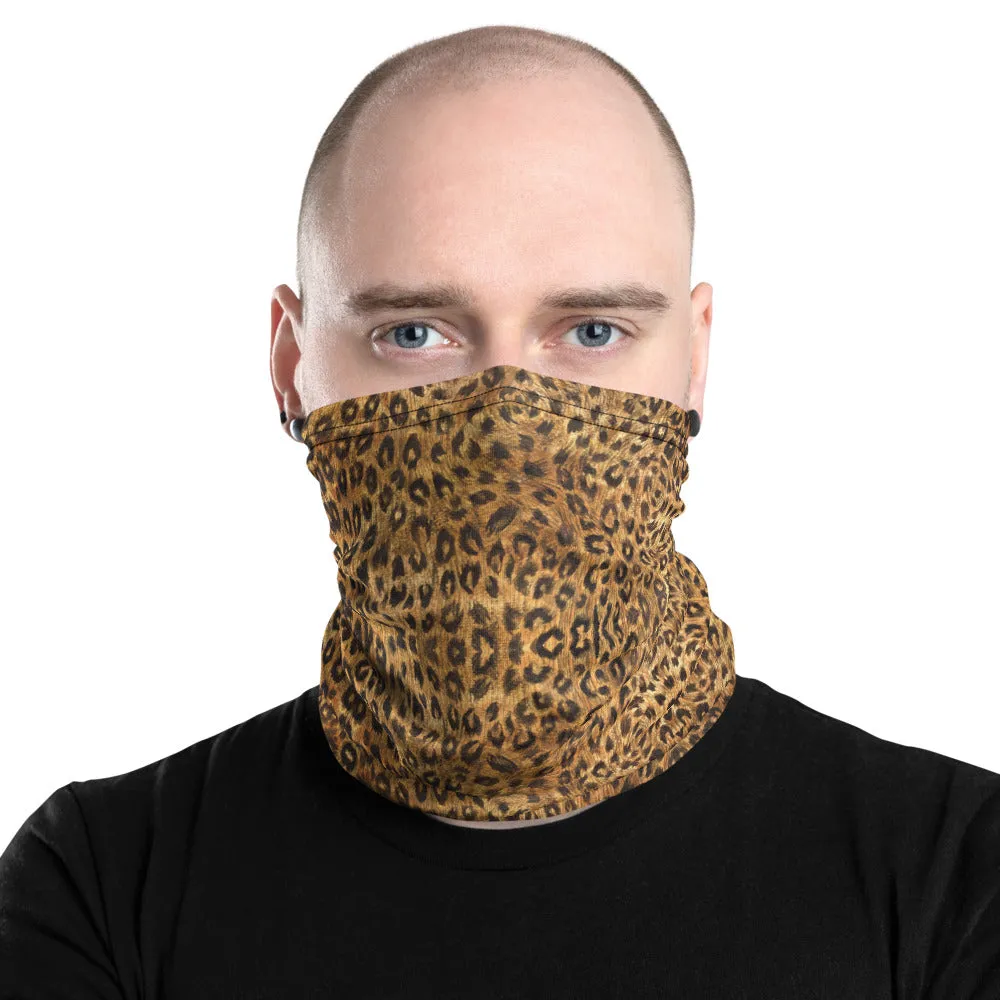 Brown Leopard Neck Gaiter, Animal Print Unisex Neck Warmers, Face Shield Cover, Bandana-Made in USA/EU