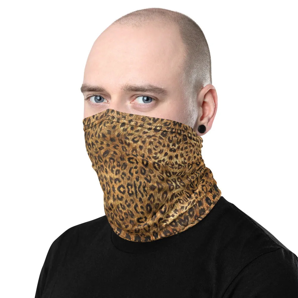 Brown Leopard Neck Gaiter, Animal Print Unisex Neck Warmers, Face Shield Cover, Bandana-Made in USA/EU