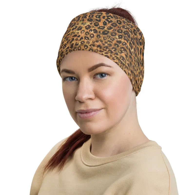 Brown Leopard Neck Gaiter, Animal Print Unisex Neck Warmers, Face Shield Cover, Bandana-Made in USA/EU