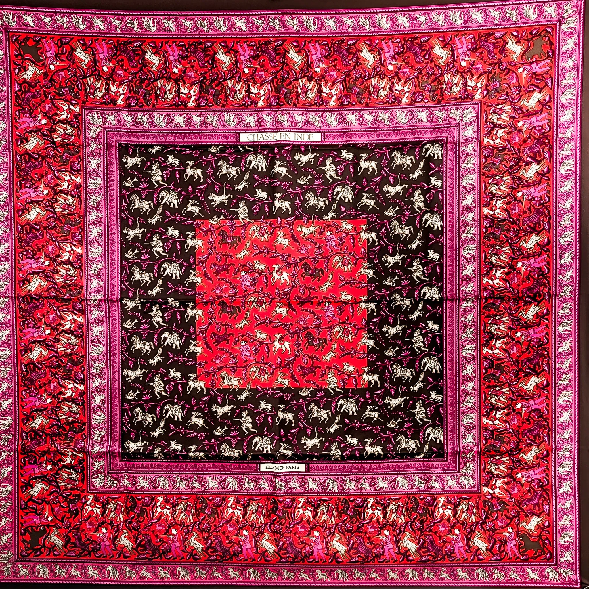 Chasse en Inde Hermes Scarf by Michele Duchene 90 cm Silk Twill Bright Pink | Brown
