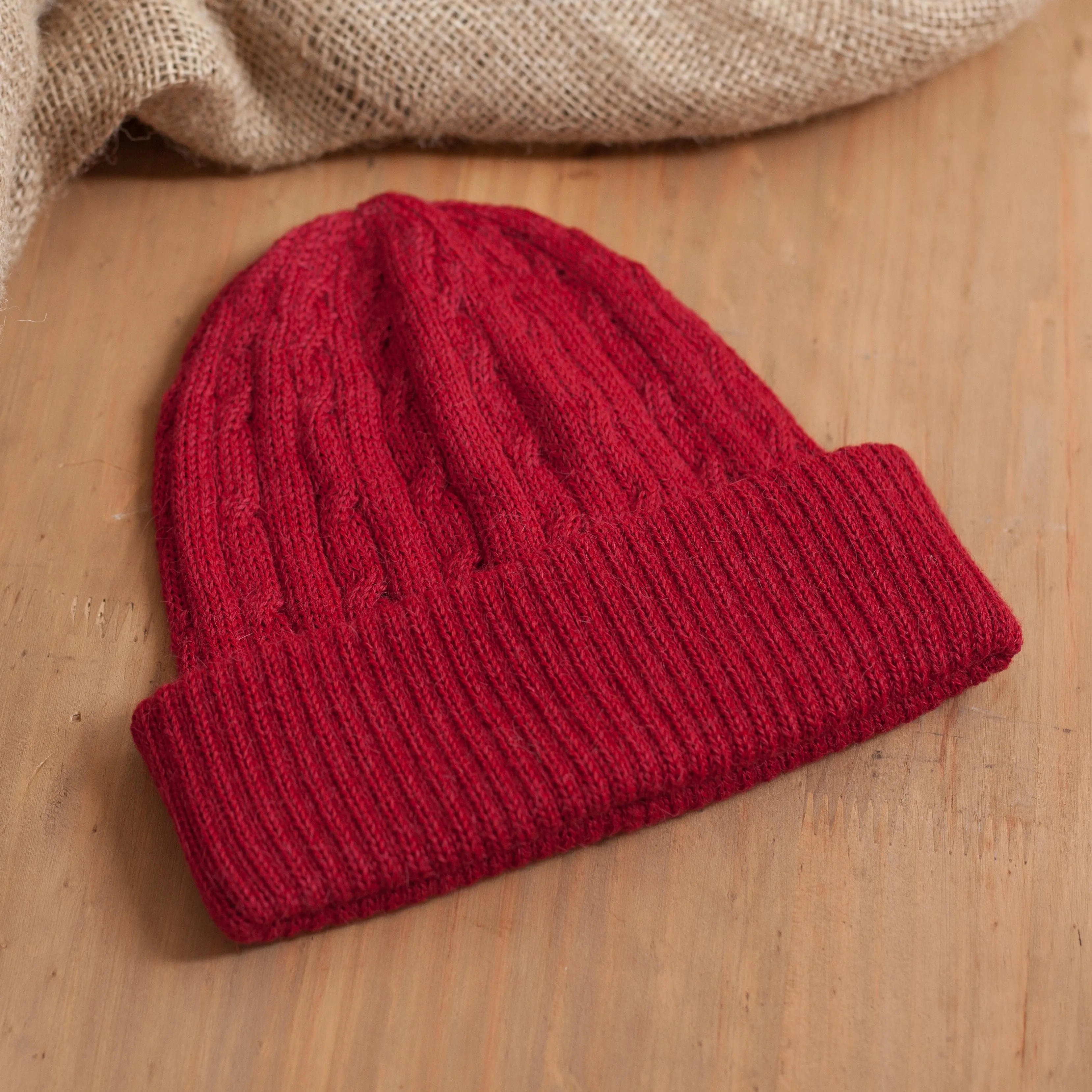 Crimson Red 100% Alpaca Soft Cable Knit Hat from Peru - Comfy in Red | NOVICA