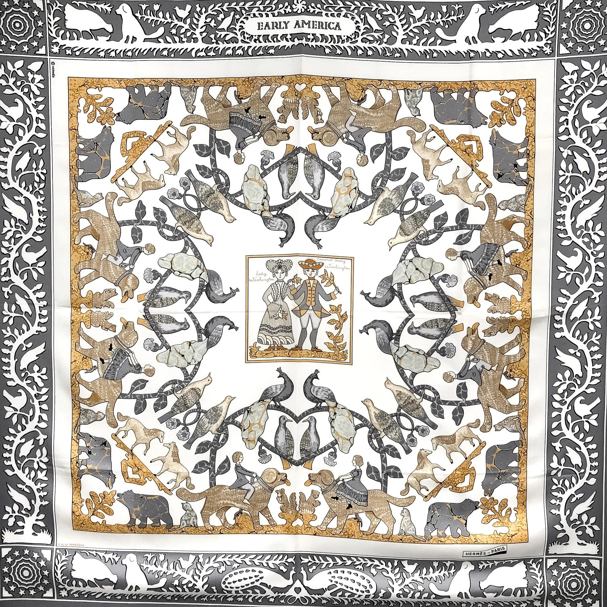 Early America Hermes Scarf by Francoise de la Perriere 90cm Silk Twill Grey