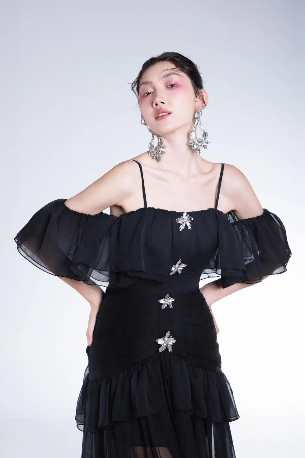 Elizany Gathered Cold Shoulder Sleeved Organza Voile Ankle Length Dress