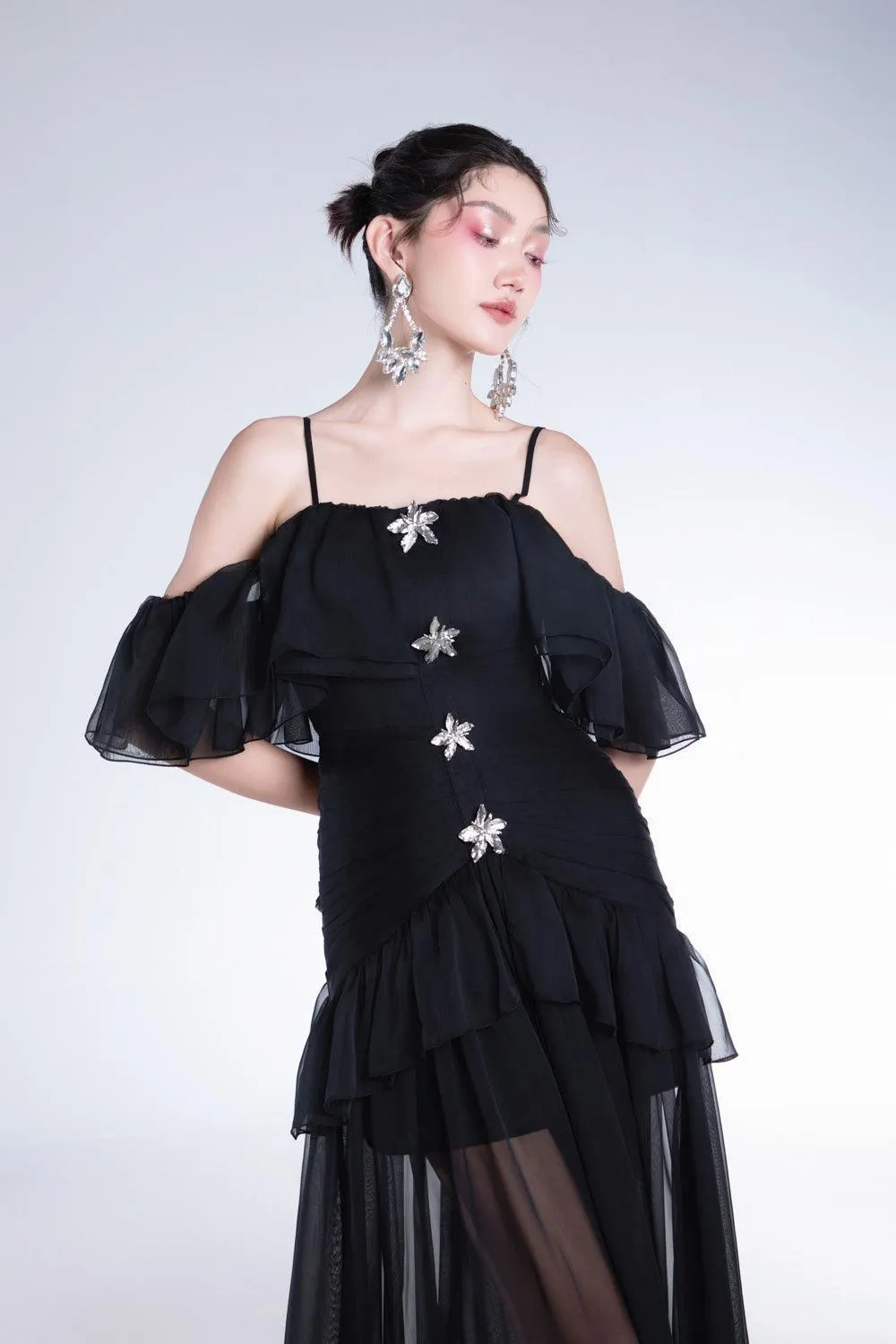 Elizany Gathered Cold Shoulder Sleeved Organza Voile Ankle Length Dress