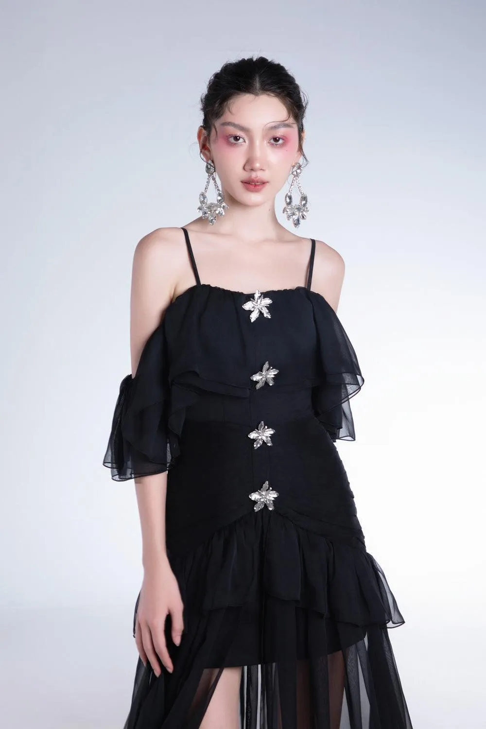 Elizany Gathered Cold Shoulder Sleeved Organza Voile Ankle Length Dress
