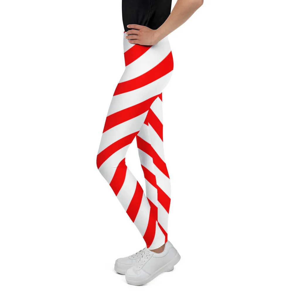 Girls Candy Cane Leggings (8-20), Red Striped Printed Kids Christmas Holiday Festive Youth Teen Cute Xmas Yoga Pants Graphic Fun Tights Gift
