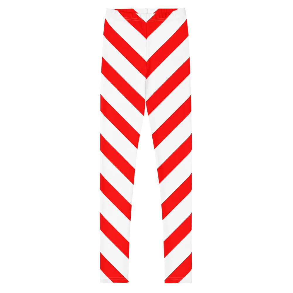 Girls Candy Cane Leggings (8-20), Red Striped Printed Kids Christmas Holiday Festive Youth Teen Cute Xmas Yoga Pants Graphic Fun Tights Gift