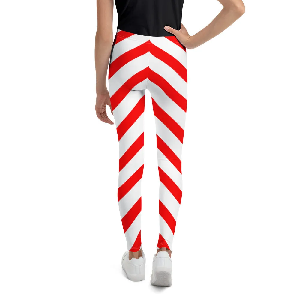 Girls Candy Cane Leggings (8-20), Red Striped Printed Kids Christmas Holiday Festive Youth Teen Cute Xmas Yoga Pants Graphic Fun Tights Gift