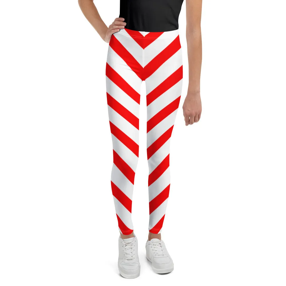 Girls Candy Cane Leggings (8-20), Red Striped Printed Kids Christmas Holiday Festive Youth Teen Cute Xmas Yoga Pants Graphic Fun Tights Gift