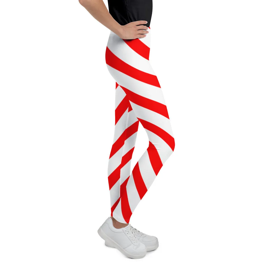 Girls Candy Cane Leggings (8-20), Red Striped Printed Kids Christmas Holiday Festive Youth Teen Cute Xmas Yoga Pants Graphic Fun Tights Gift