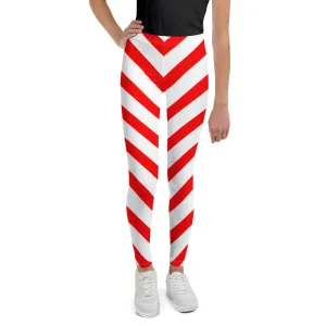 Girls Candy Cane Leggings (8-20), Red Striped Printed Kids Christmas Holiday Festive Youth Teen Cute Xmas Yoga Pants Graphic Fun Tights Gift