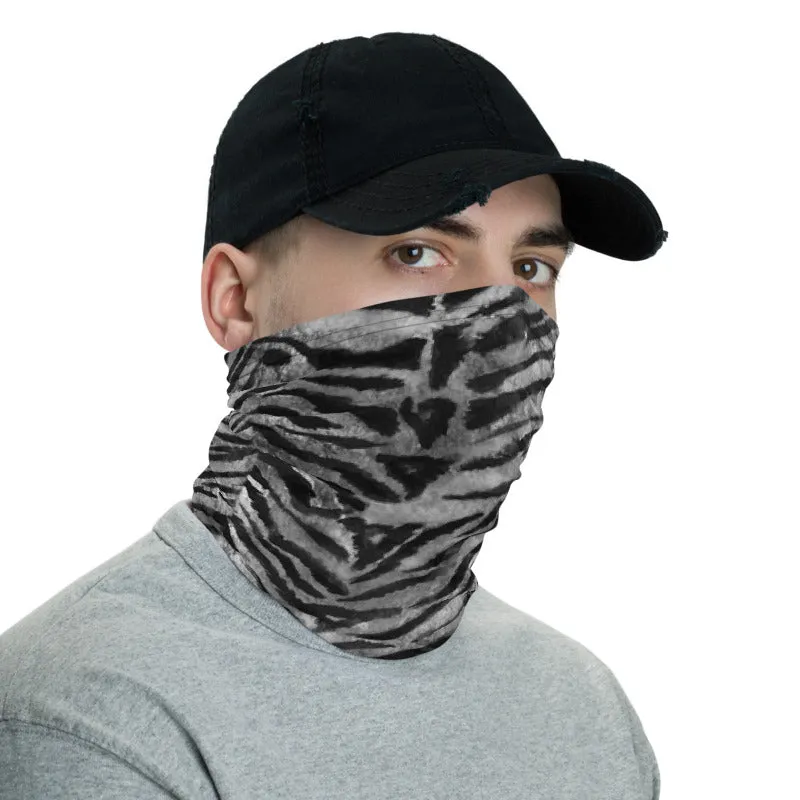 Gray Tiger Stripe Face Mask, Animal Print Mouth Coverings Neck Gaiter-Made in USA/EU