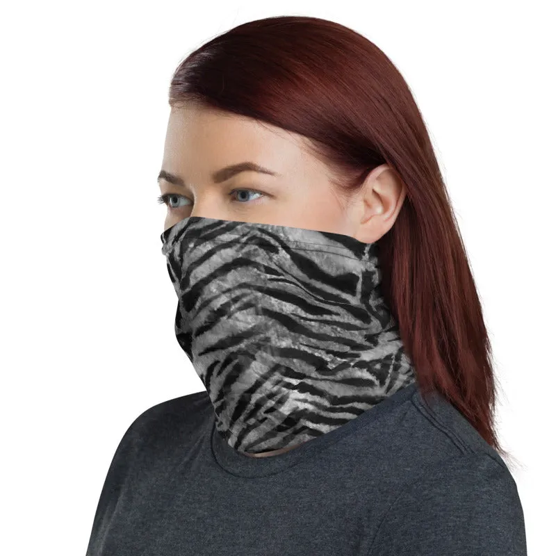 Gray Tiger Stripe Face Mask, Animal Print Mouth Coverings Neck Gaiter-Made in USA/EU