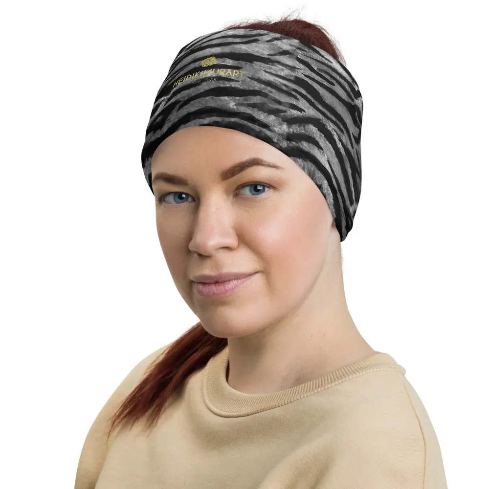 Gray Tiger Stripe Face Mask, Animal Print Mouth Coverings Neck Gaiter-Made in USA/EU