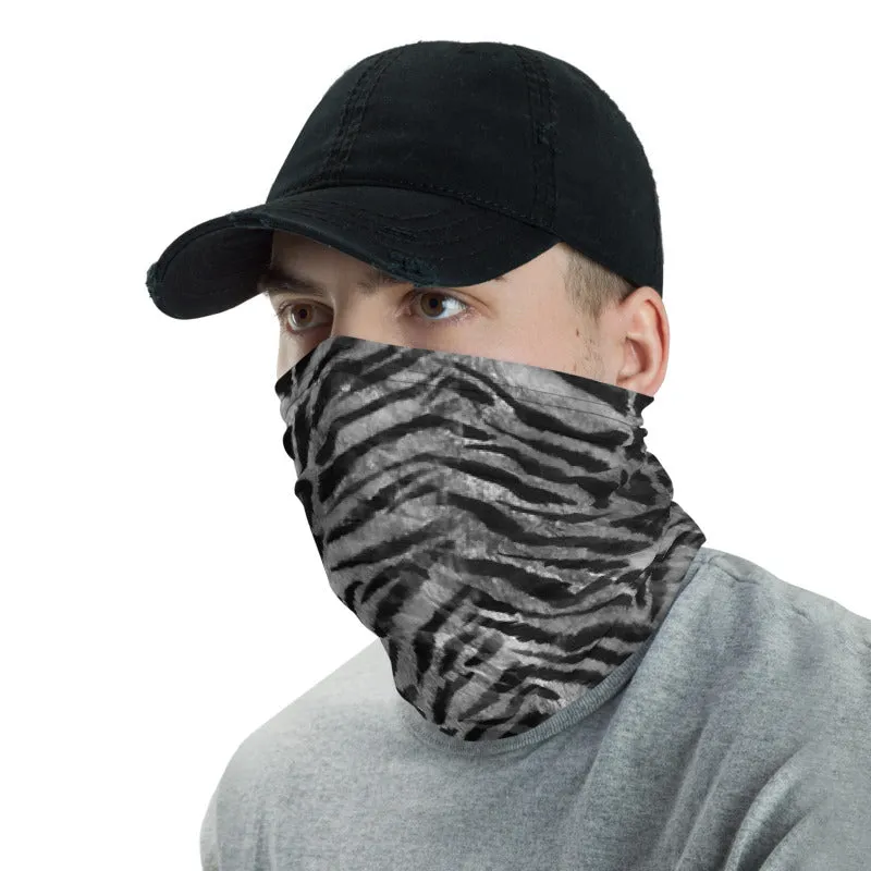 Gray Tiger Stripe Face Mask, Animal Print Mouth Coverings Neck Gaiter-Made in USA/EU