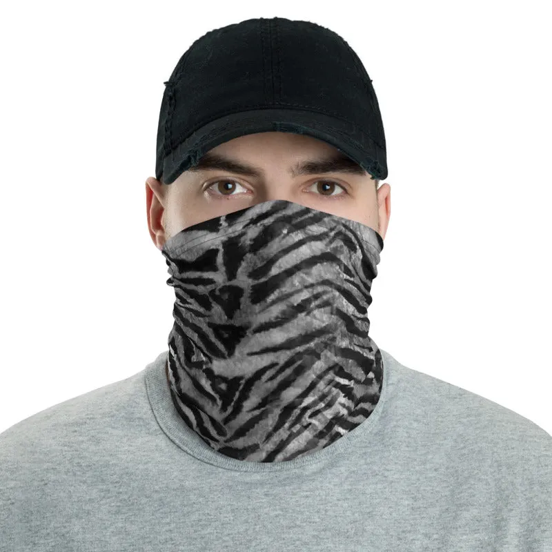 Gray Tiger Stripe Face Mask, Animal Print Mouth Coverings Neck Gaiter-Made in USA/EU