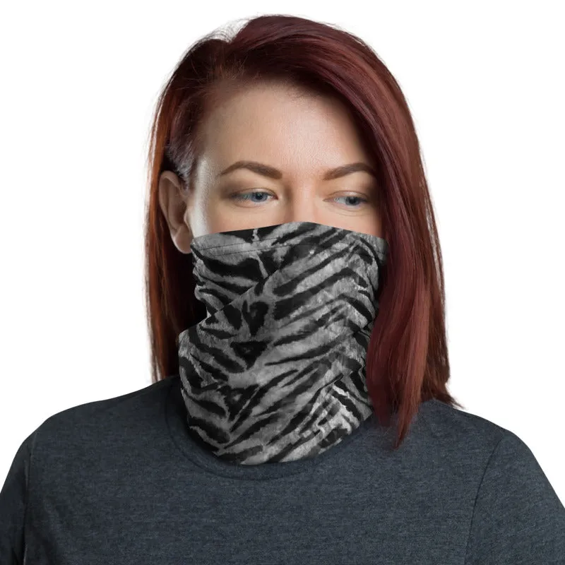 Gray Tiger Stripe Face Mask, Animal Print Mouth Coverings Neck Gaiter-Made in USA/EU
