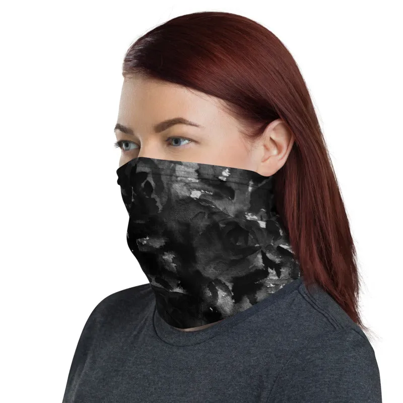 Grey Rose Face Masks, Floral Print Washable Neck Mouth Scarf Coverings-Made in USA/EU