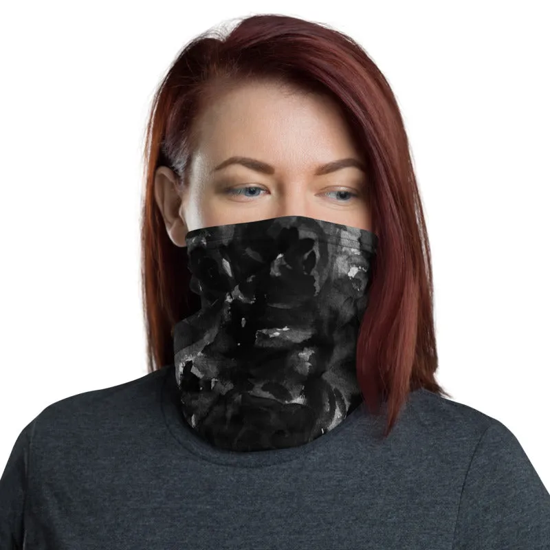 Grey Rose Face Masks, Floral Print Washable Neck Mouth Scarf Coverings-Made in USA/EU