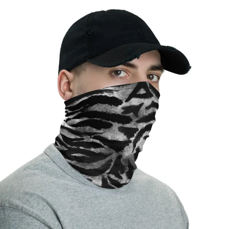 Grey Tiger Striped Face Mask Shield, Animal Print Headband Bandana -Made in USA/EU