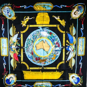 Hermes Silk Jacquard Scarf Le Geographe Black CW RARE