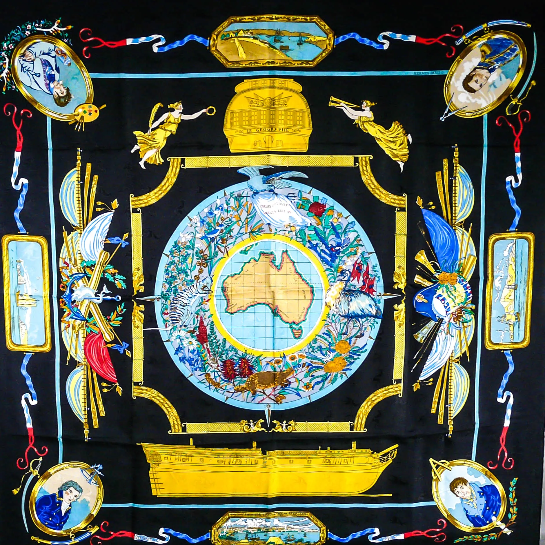 Hermes Silk Jacquard Scarf Le Geographe Black CW RARE