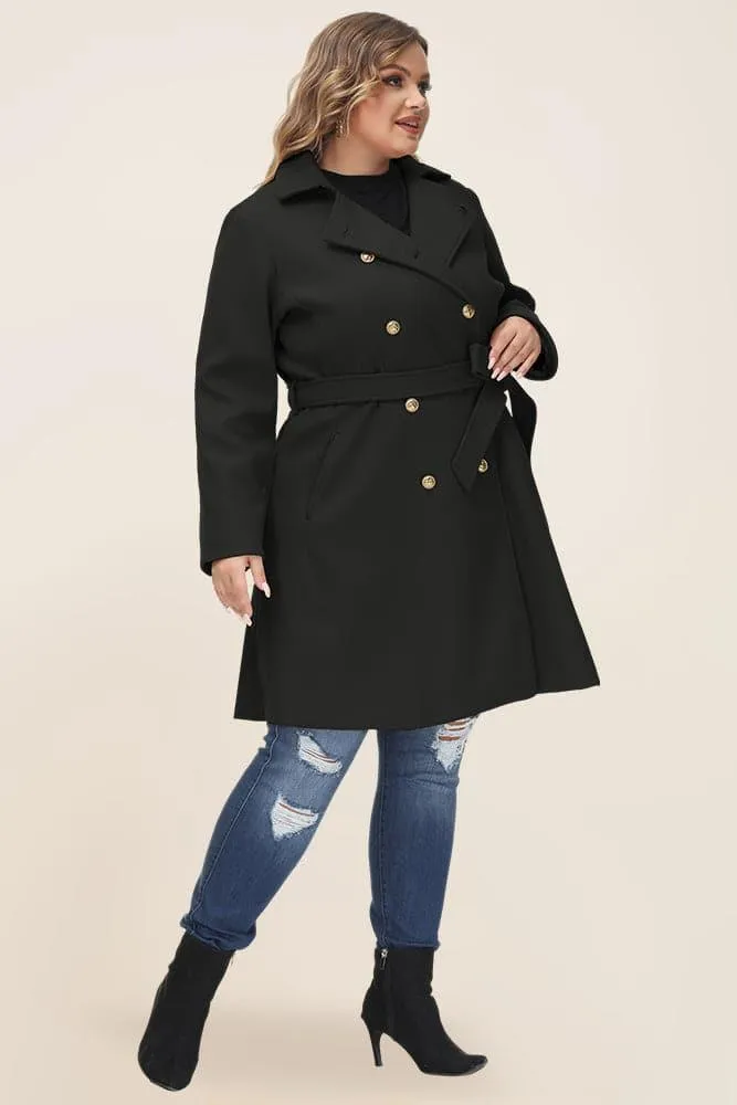HN Double Breasted Overcoat with Belt Lapel Collar Peacoat