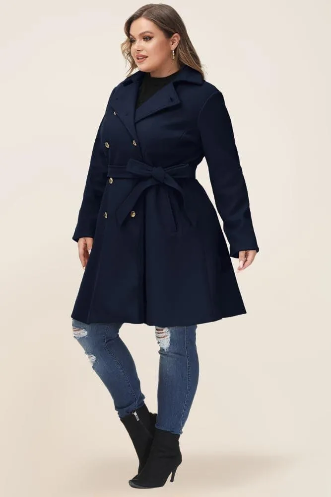 HN Double Breasted Overcoat with Belt Lapel Collar Peacoat