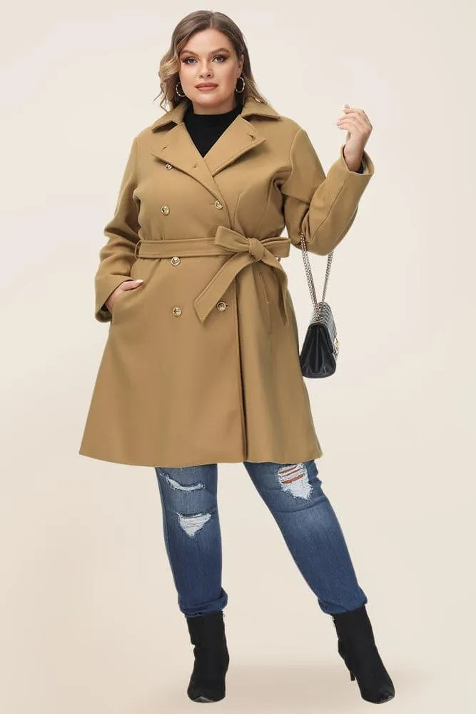 HN Double Breasted Overcoat with Belt Lapel Collar Peacoat