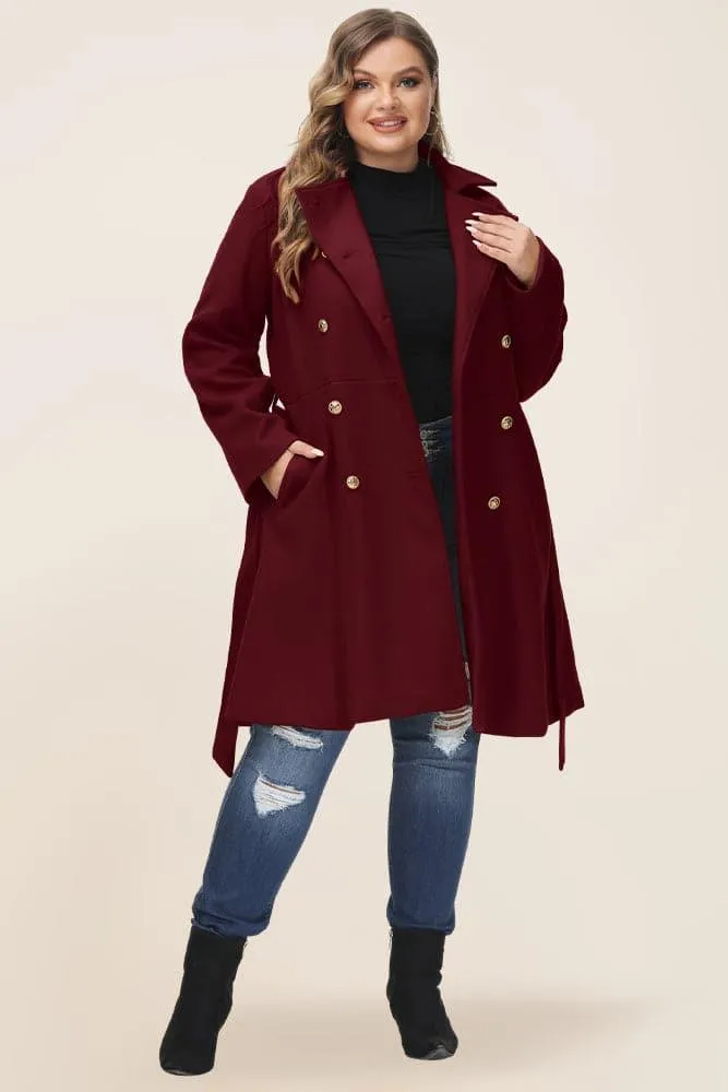 HN Double Breasted Overcoat with Belt Lapel Collar Peacoat