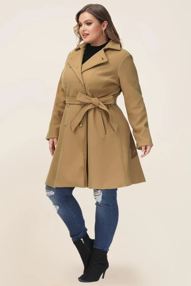 HN Double Breasted Overcoat with Belt Lapel Collar Peacoat