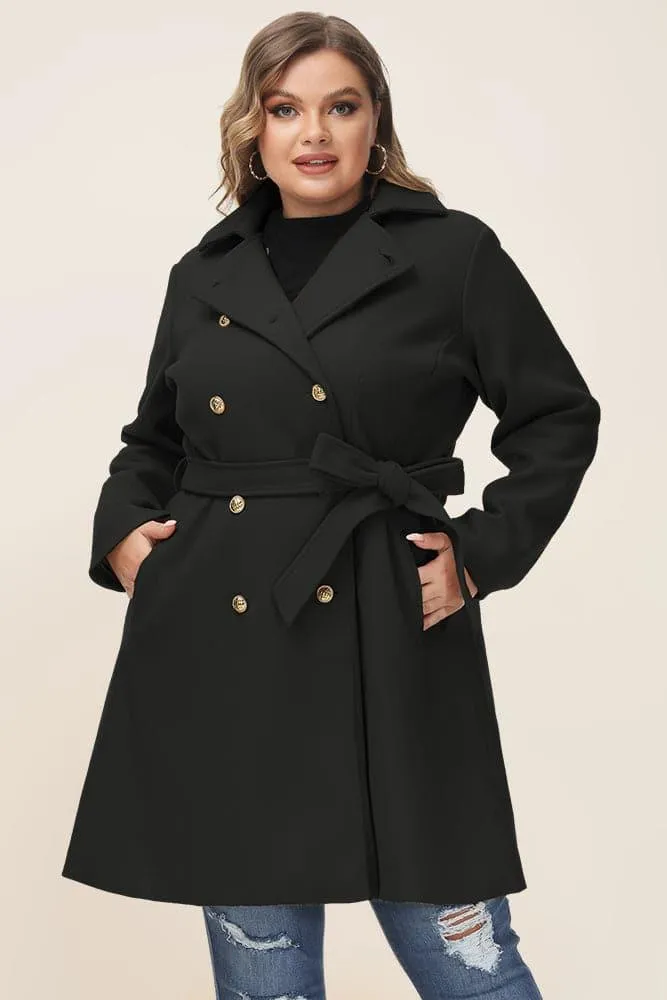 HN Double Breasted Overcoat with Belt Lapel Collar Peacoat