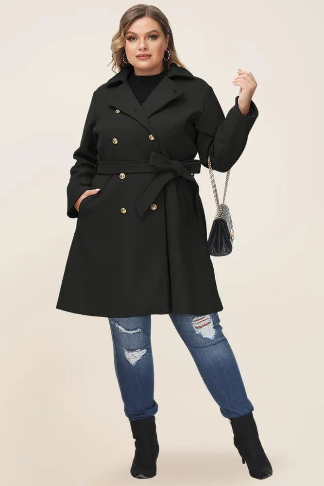 HN Double Breasted Overcoat with Belt Lapel Collar Peacoat
