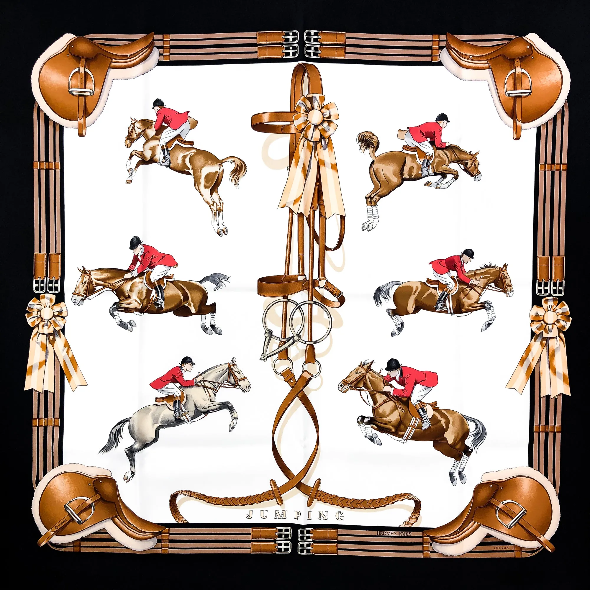 Jumping Hermes Scarf by Philippe Ledoux 90 cm Silk RARE Black Red CW