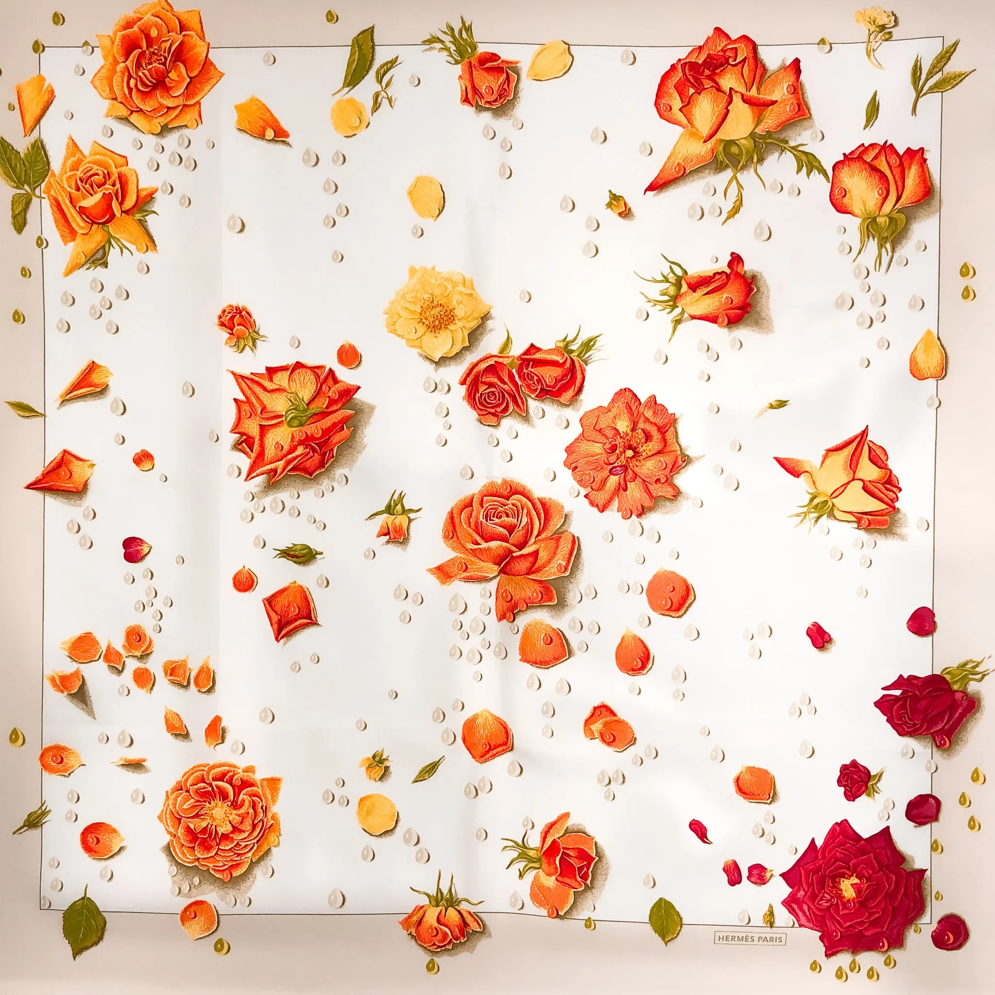 La Rosée Hermes Silk Scarf by A. Gavarni 90cm Silk Twill Orange and Cream