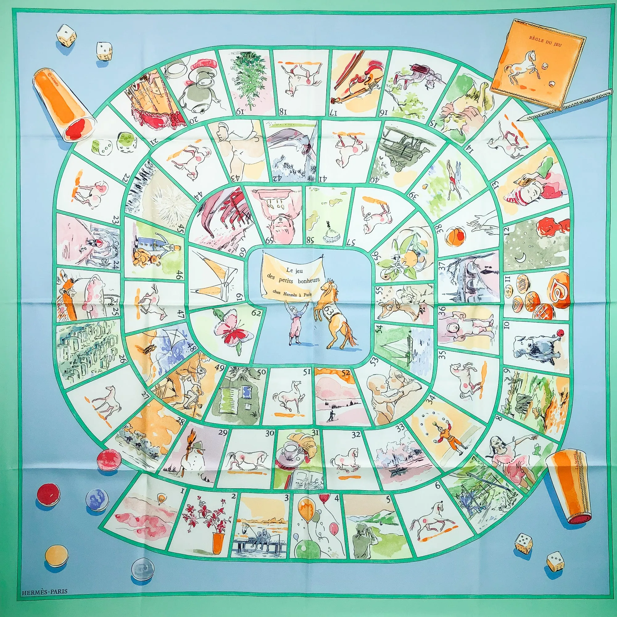 Le Jeu des Petits Bonheurs Hermès Scarf Sophie de Seynes Mint Col. NIB - RARE