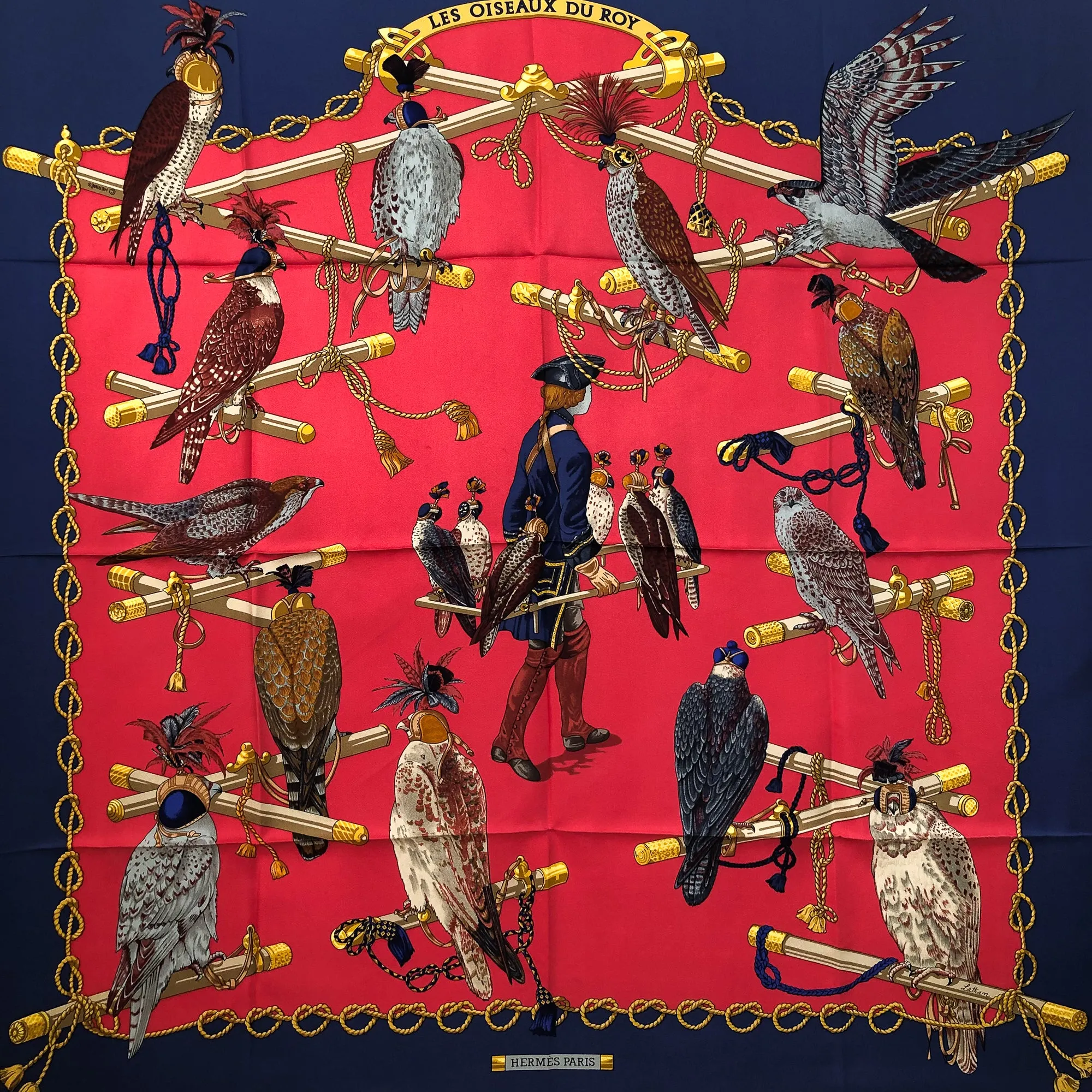 Les Oiseaux du Roy Hermes Scarf by Caty Latham 90 cm Silk Twill Red & Navy