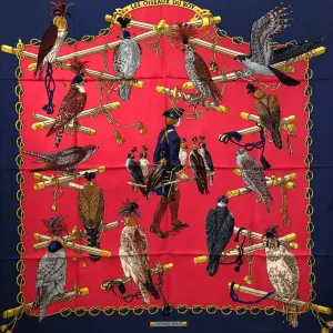 Les Oiseaux du Roy Hermes Scarf by Caty Latham 90 cm Silk Twill Red & Navy