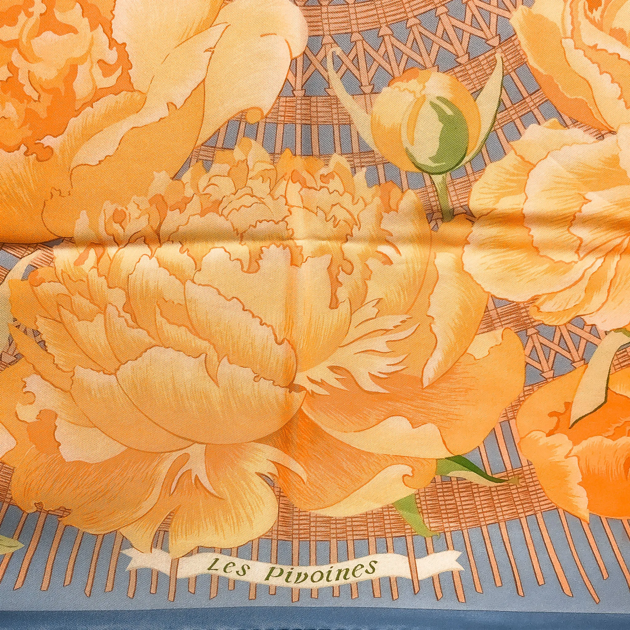 Les Pivoines Hermes Scarf by Christiane Vauzelles 90 cm Silk Twill | Blue Orange