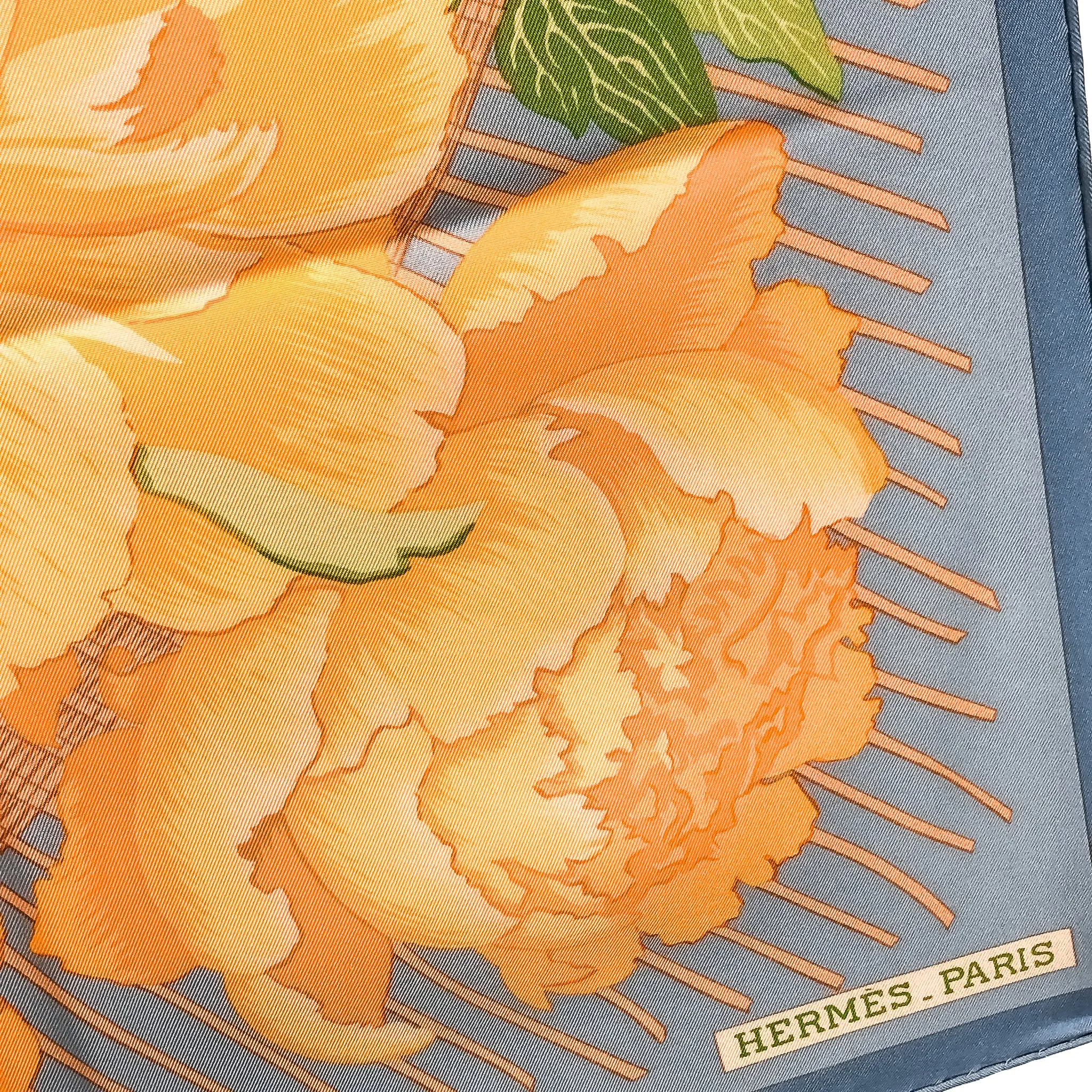 Les Pivoines Hermes Scarf by Christiane Vauzelles 90 cm Silk Twill | Blue Orange