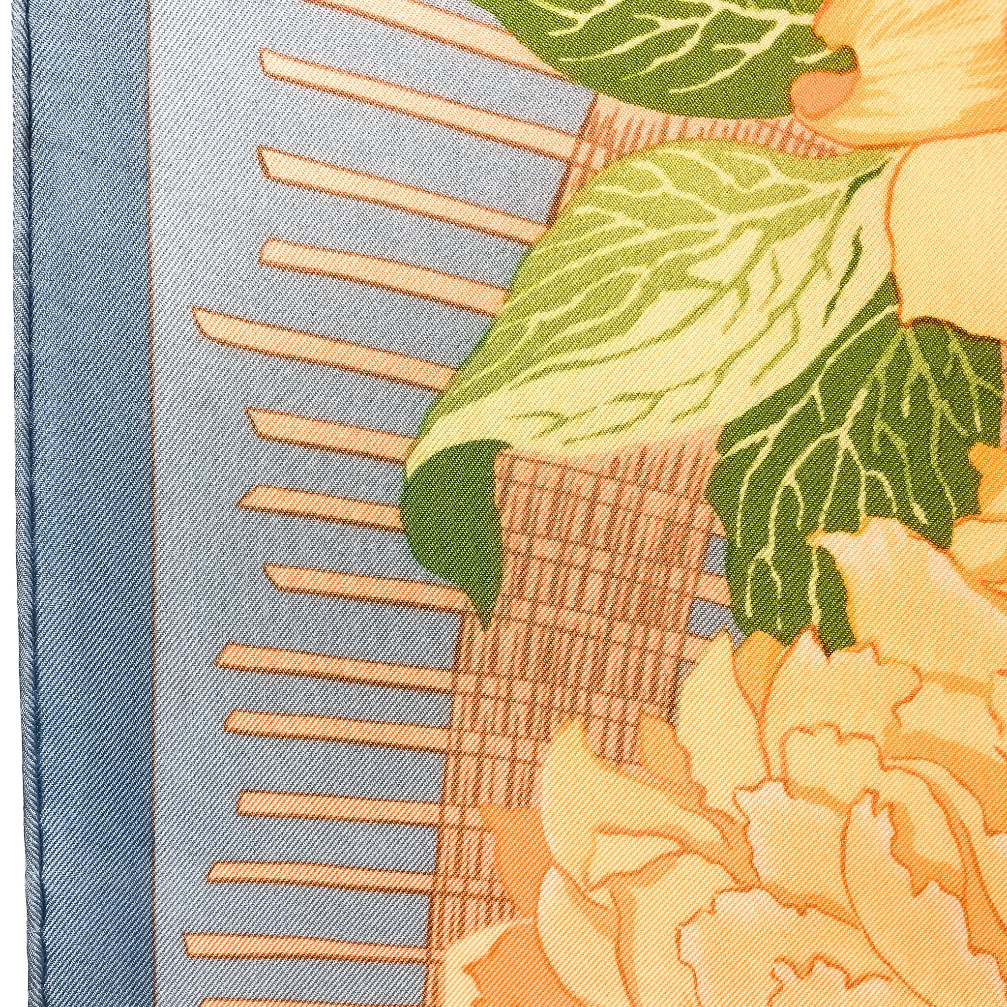 Les Pivoines Hermes Scarf by Christiane Vauzelles 90 cm Silk Twill | Blue Orange