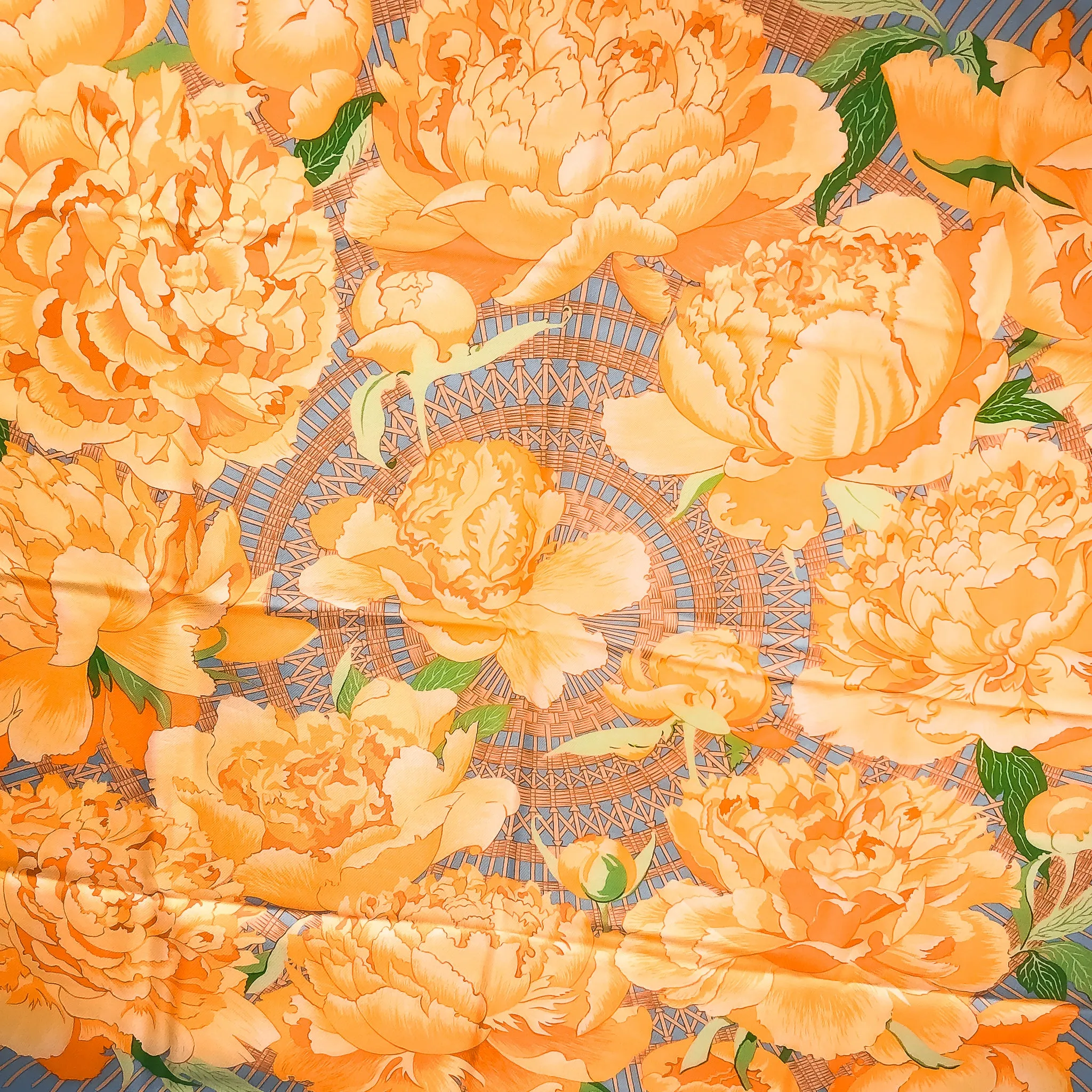 Les Pivoines Hermes Scarf by Christiane Vauzelles 90 cm Silk Twill | Blue Orange