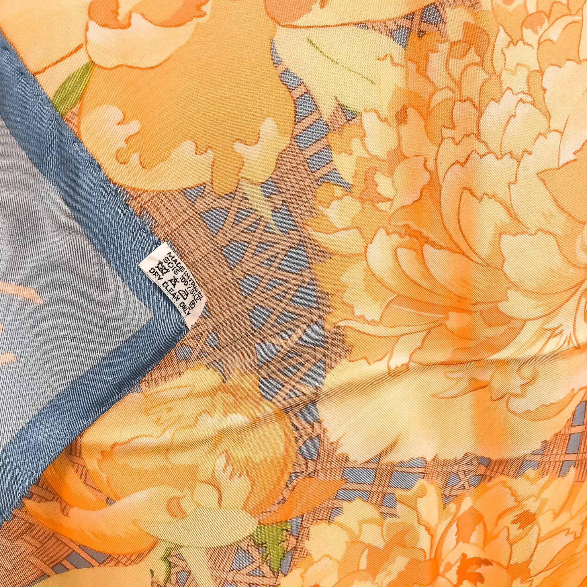Les Pivoines Hermes Scarf by Christiane Vauzelles 90 cm Silk Twill | Blue Orange