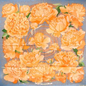Les Pivoines Hermes Scarf by Christiane Vauzelles 90 cm Silk Twill | Blue Orange