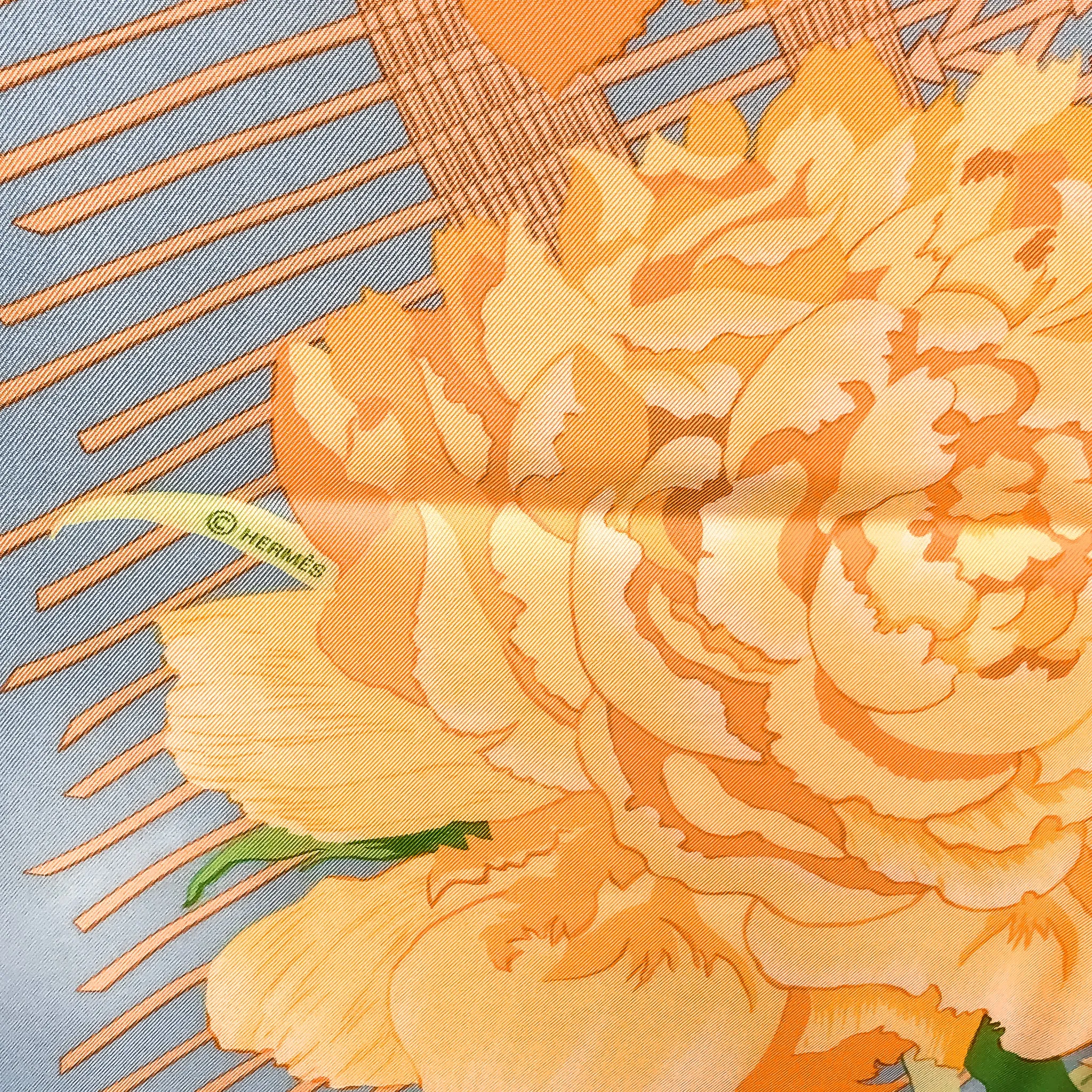 Les Pivoines Hermes Scarf by Christiane Vauzelles 90 cm Silk Twill | Blue Orange