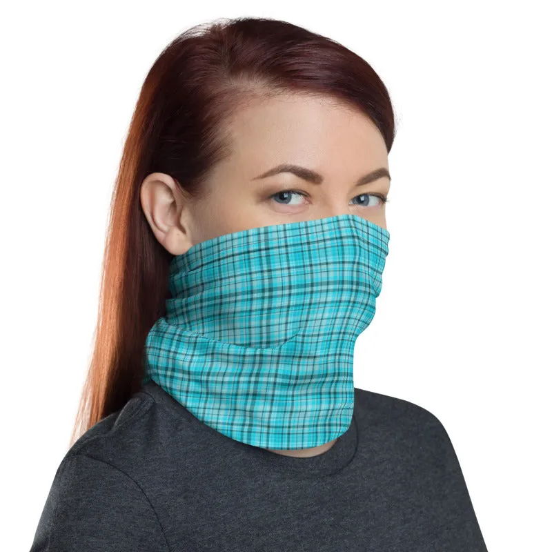 Light Blue Plaid Face Mask Covering, Headband Bandana Neck Gaiter-Made in USA/EU