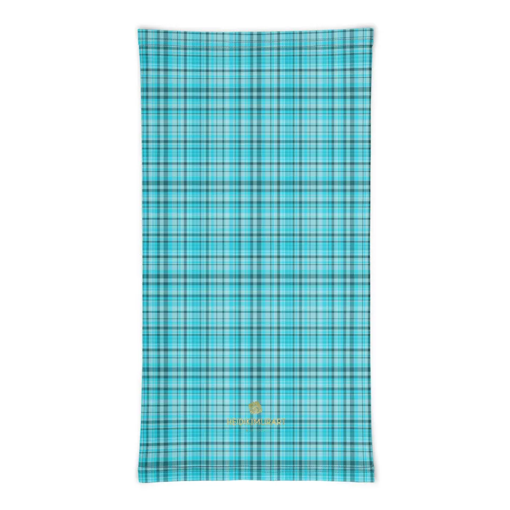 Light Blue Plaid Face Mask Covering, Headband Bandana Neck Gaiter-Made in USA/EU